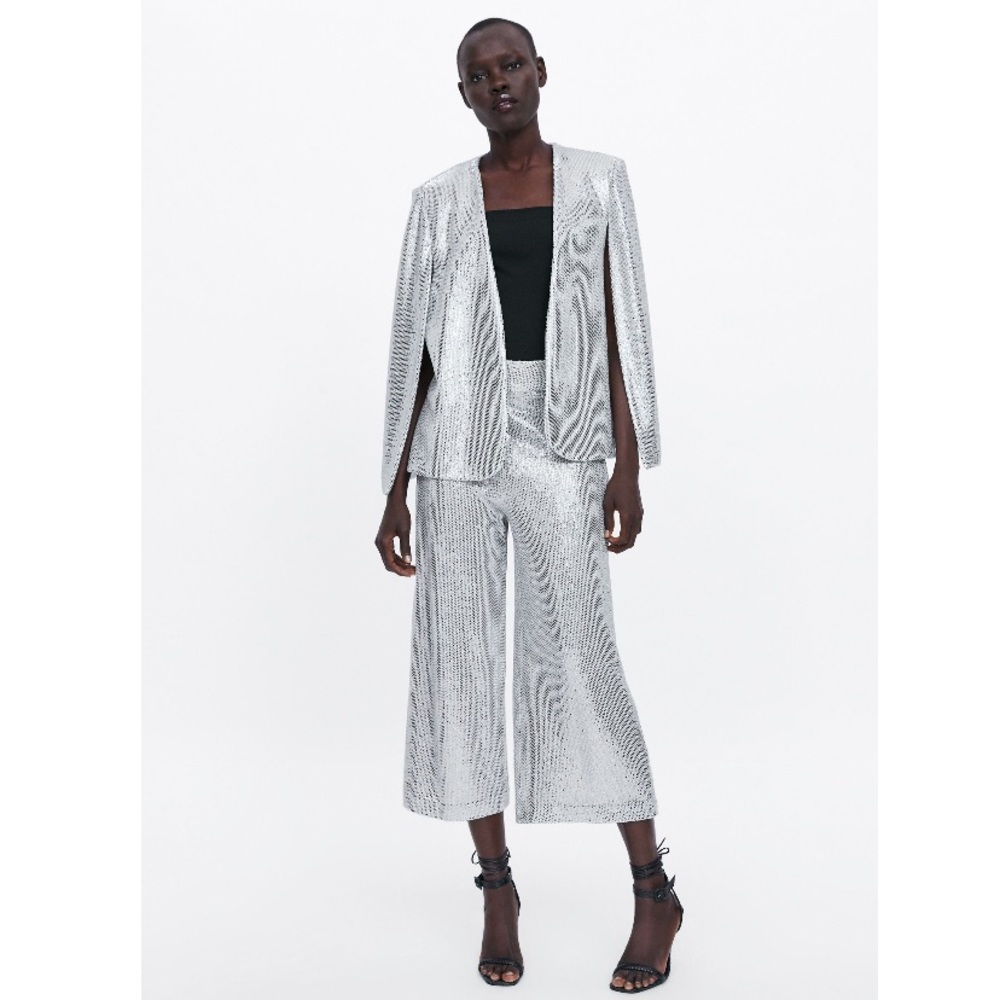 Zara Silver Sequin Culottes Cropped Palazzo Pants